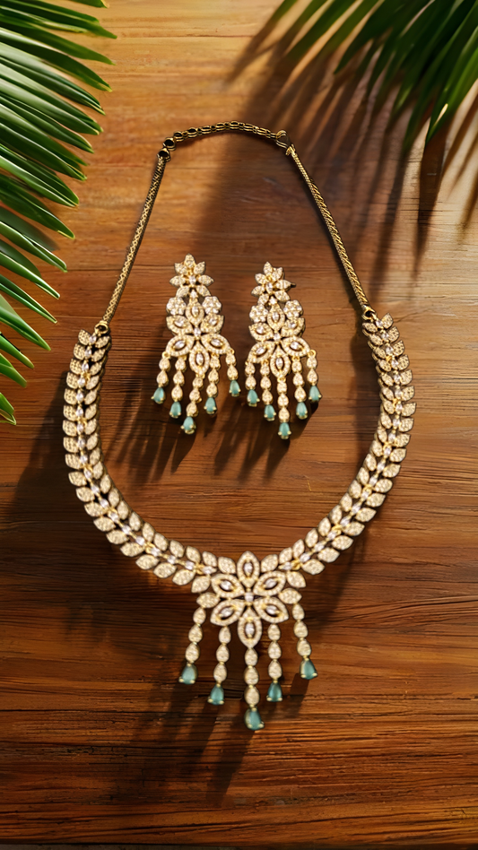 Teal AD Gold Plated Necklace Set