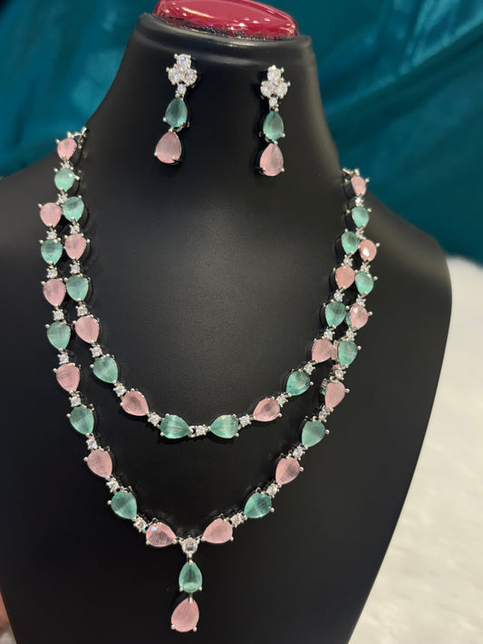 Dual Lined & Coloured AD Stones Necklace Set – Elegant Multicolor American Diamond Jewelry