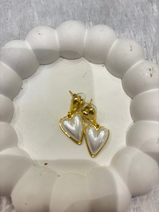 Golden Heart Drop Earrings with Pearl Finish
