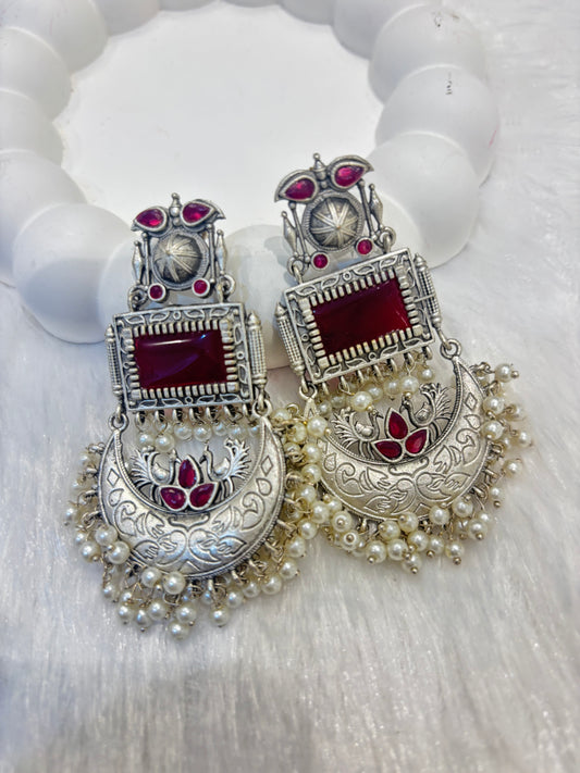 Long Oxidized Rectangular Stones Earrings