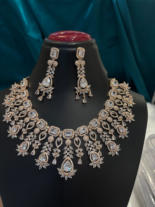 Clear Stone Heavy Rose Gold Plated Tear Drop Haar Set – Grand Bridal & Festive Jewelry