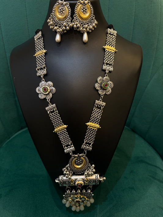 Dual Tone Oxidized Silver Temple Necklace Set with Earrings