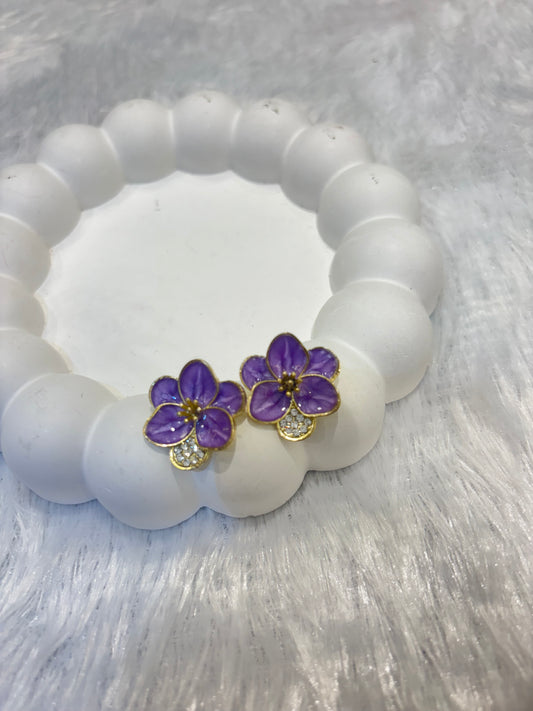 Gold-Plated Purple Floral Stud Earrings with CZ Stone Accents