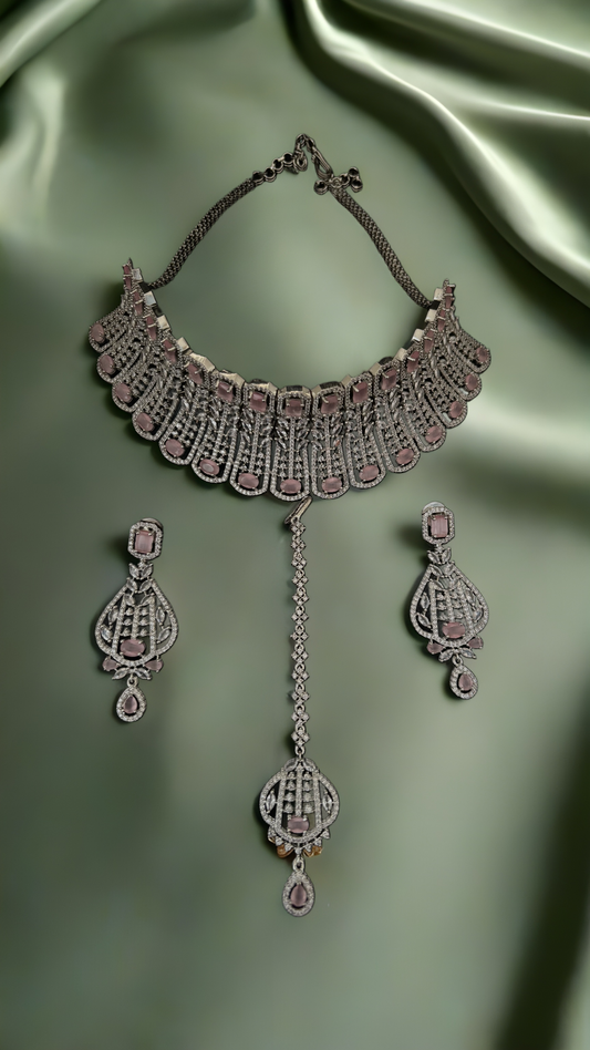 Baby Pink & AD Choker Set with Maangtika – Elegant Bridal & Festive Jewelry