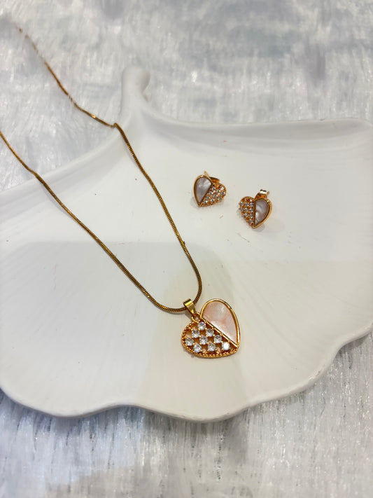 Gold Plated Heart Pendant Necklace Set with CZ & Pearl Inlay