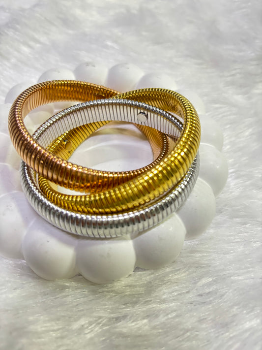 Trio Coil Kada Set – Gold, Silver & Rose Gold Flexible Bangles