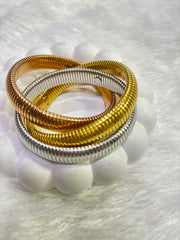 Trio Coil Kada Set – Gold, Silver & Rose Gold Flexible Bangles