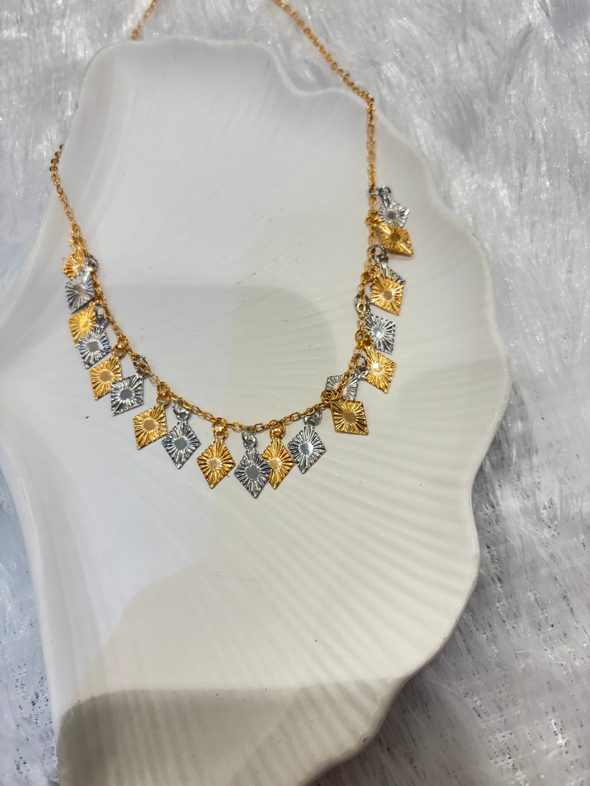 Dual-Tone Geometric Diamond Charm Necklace – Gold & Silver Finish