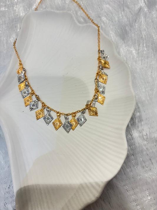 Dual-Tone Geometric Diamond Charm Necklace – Gold & Silver Finish