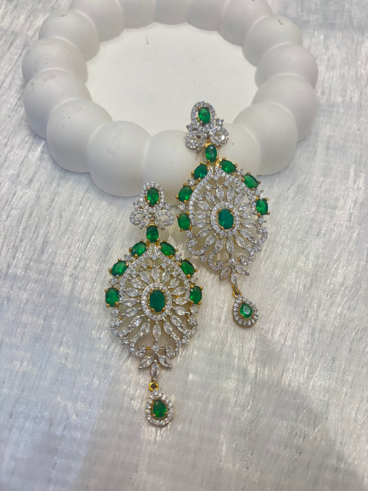 Emerald Green & CZ Floral Filigree Dangler Earrings