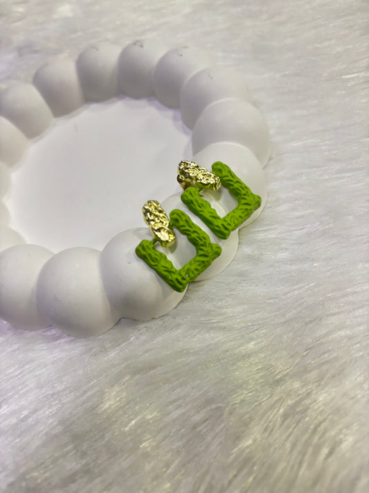 Textured Green Block Earrings with Gold Top