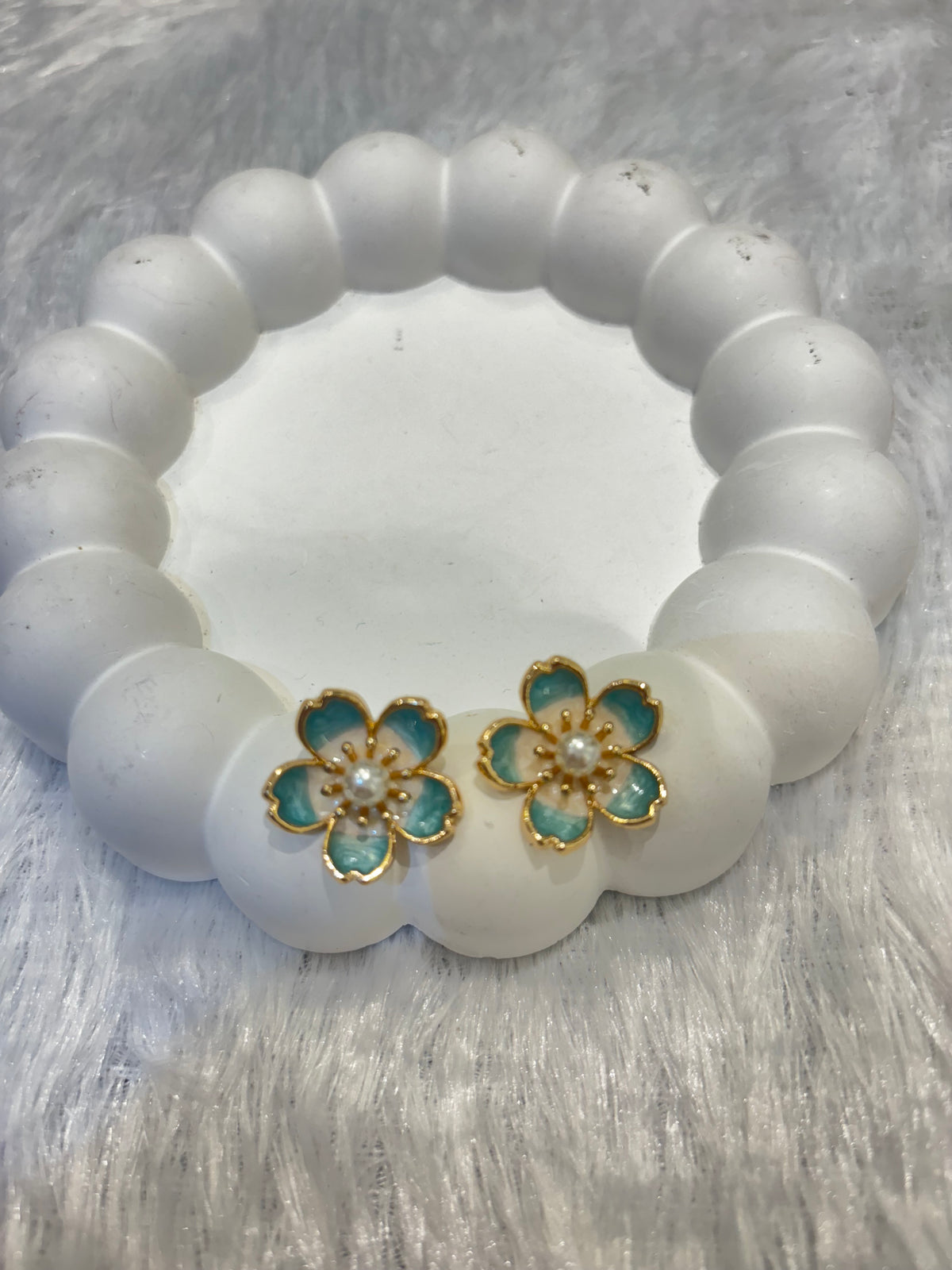 Gold-Plated Blue Floral Stud Earrings with Pearl Center