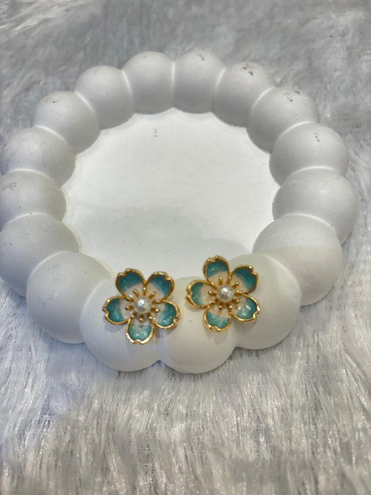 Gold-Plated Blue Floral Stud Earrings with Pearl Center