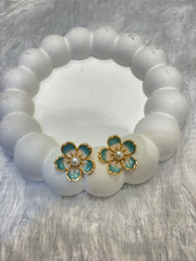 Gold-Plated Blue Floral Stud Earrings with Pearl Center