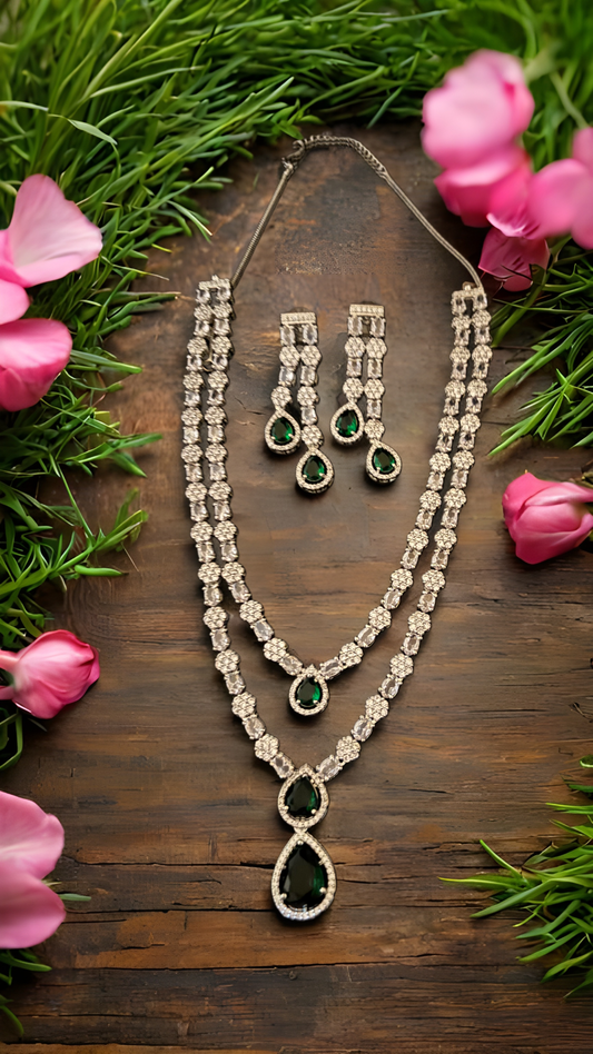AD Silver Plated Emerald Tear Drop Necklace Set – Elegant Bridal Jewelry