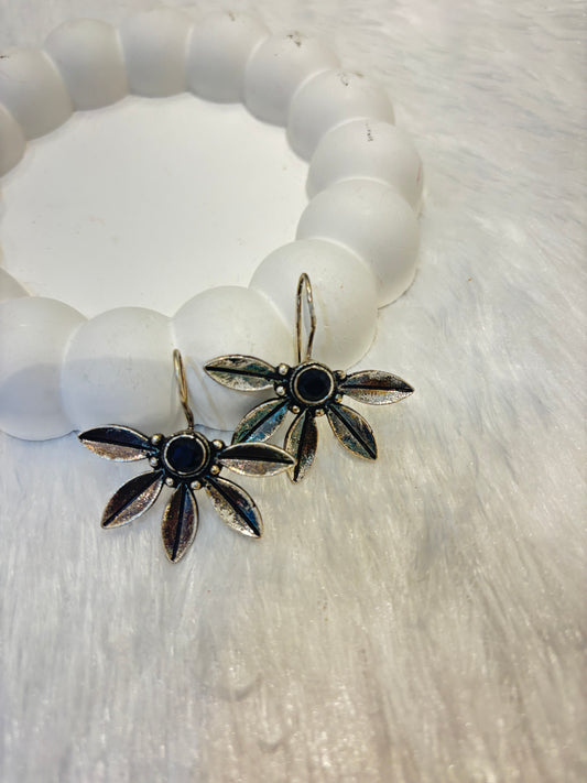Oxidized Silver Flower Design Dangling Earrings