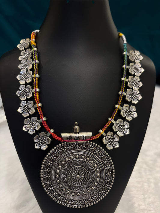 Oxidized Dangling Flowers with Central Circle Necklace
