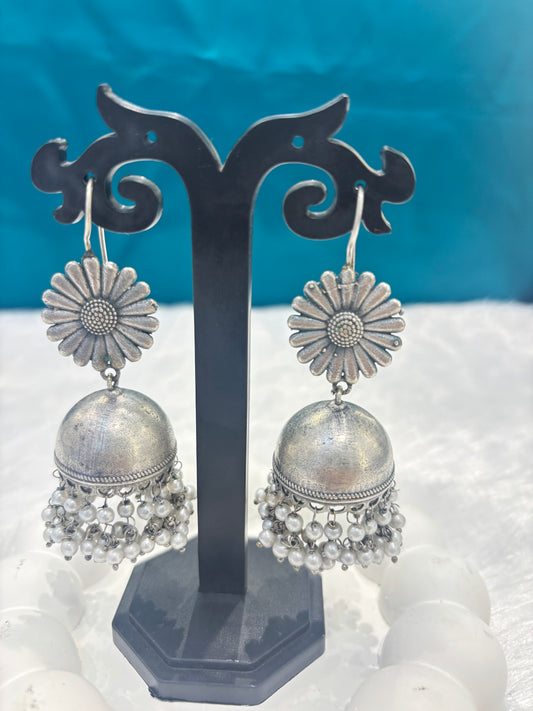 Oxidized Silver Flower Design Jhumka Earrings