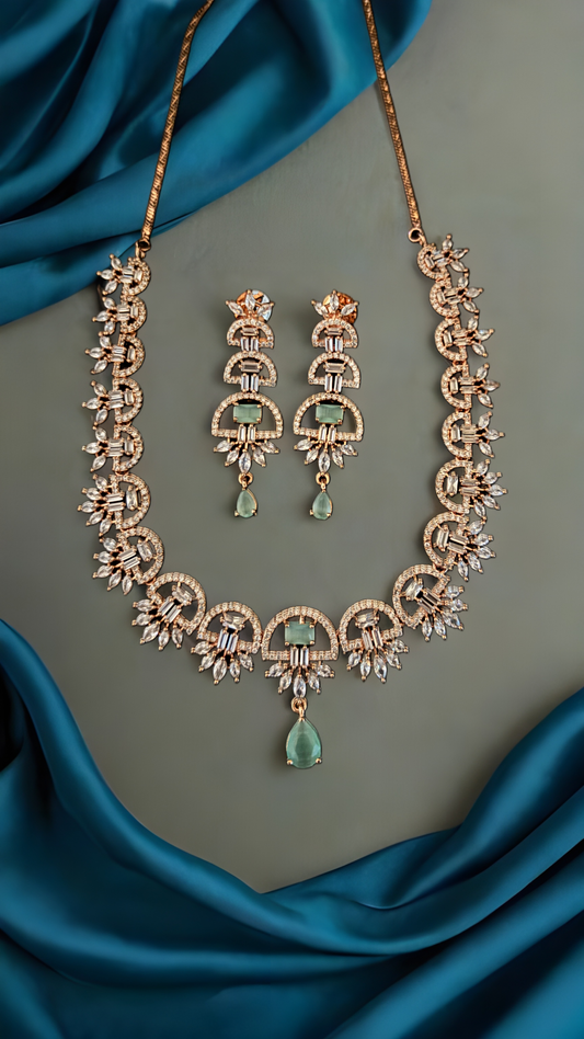 Rose Gold & Teal Flower Design Necklace Set – Elegant Floral Jewelry for Women
