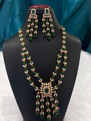 Ruby, Emerald and White Pearl Long Gold Plated Necklace Set – Traditional Bridal Jewelry for Women