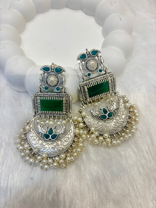 Long Oxidized Rectangular Stones Earrings