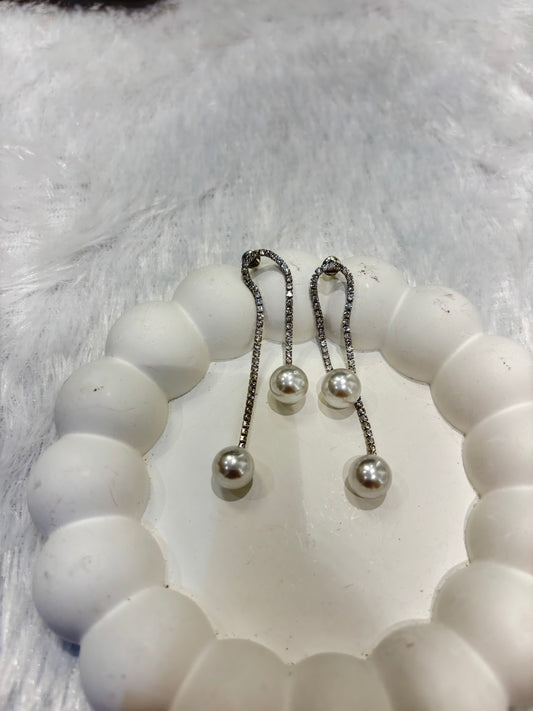 Long Pearl Chain Drop Earrings with CZ Detailing