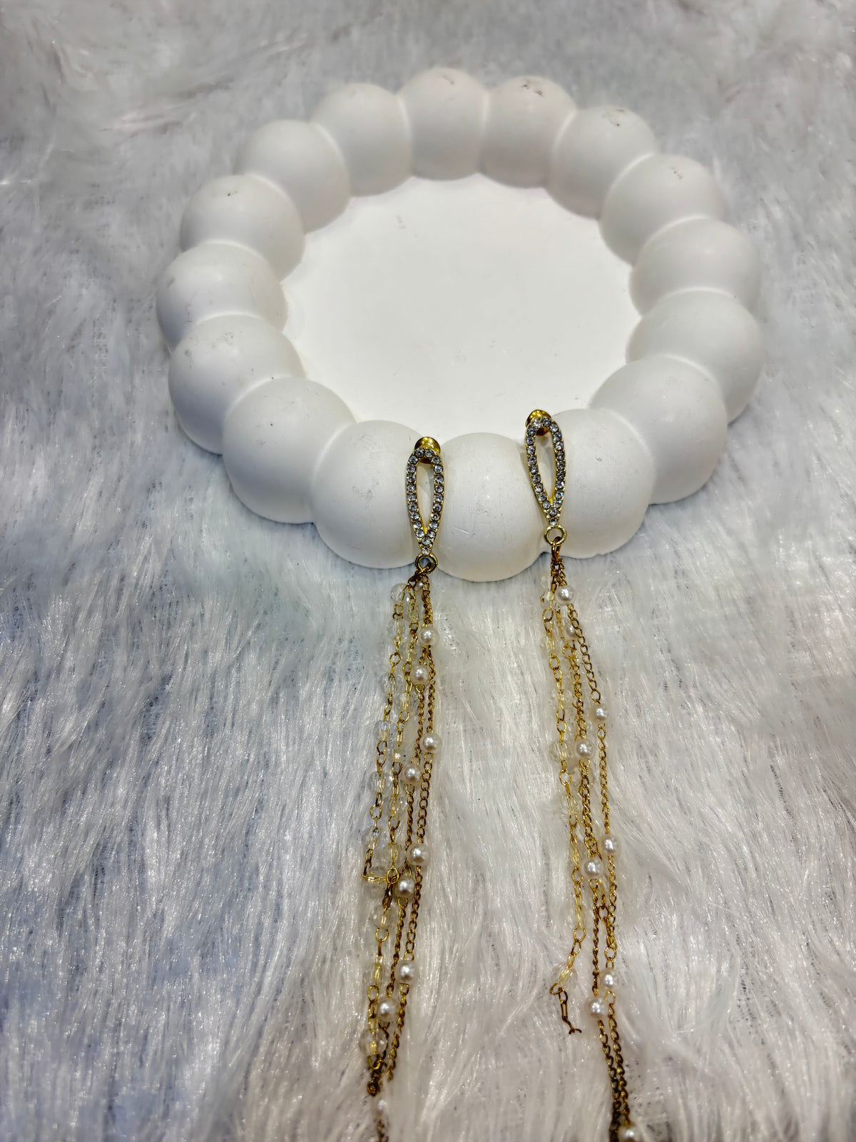 Gold-Plated Pearl Tassel Long Dangler Earrings with CZ Studs