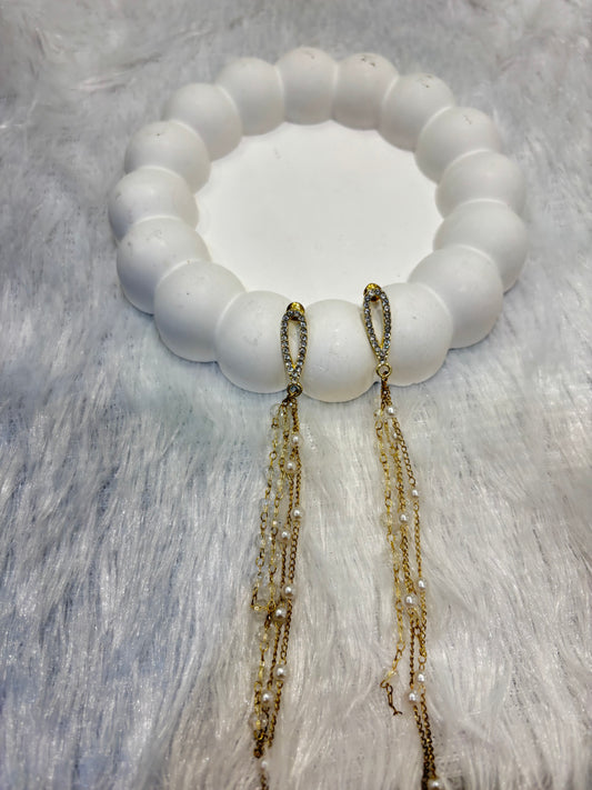 Gold-Plated Pearl Tassel Long Dangler Earrings with CZ Studs