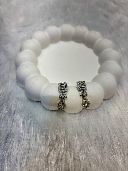 Silver-Toned CZ Square & Teardrop Dangle Earrings