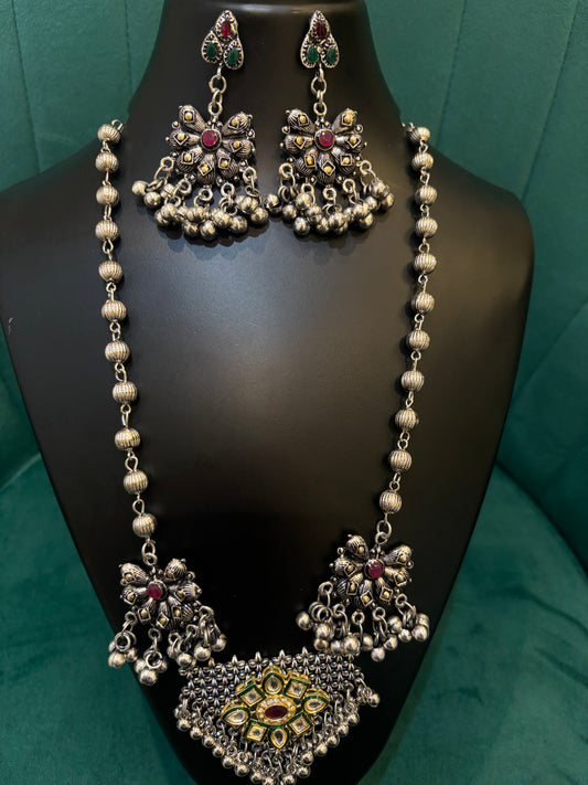 Oxidized Silver Kundan & Stone Necklace Set with Earrings – Ethnic Temple Style Jewelry
