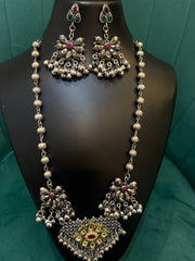Oxidized Silver Kundan & Stone Necklace Set with Earrings – Ethnic Temple Style Jewelry