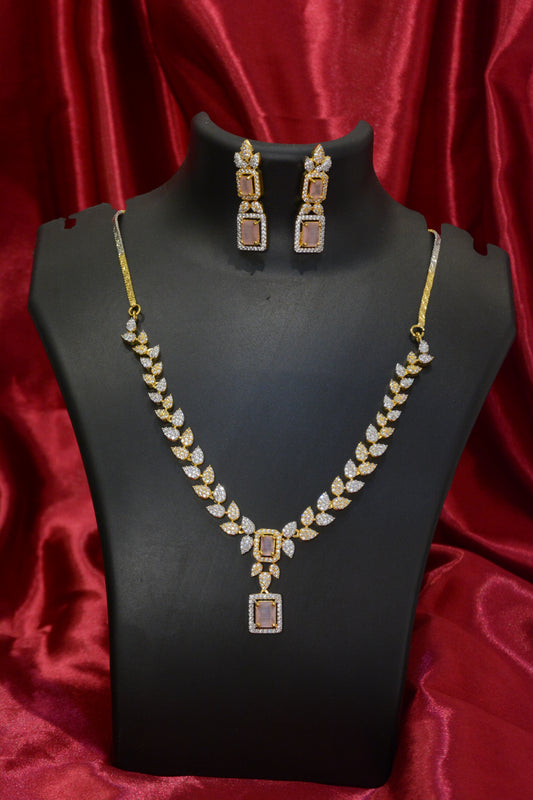 Light Pink Stone & AD Necklace Set – Elegant Gold Plated Jewelry for Women