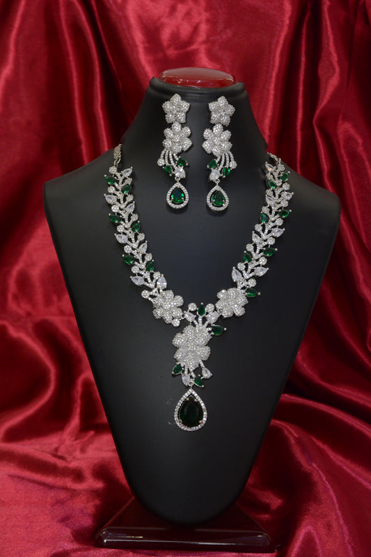 Emerald & AD Flower Design Necklace Set – Elegant Gold Plated Jewelry for Women