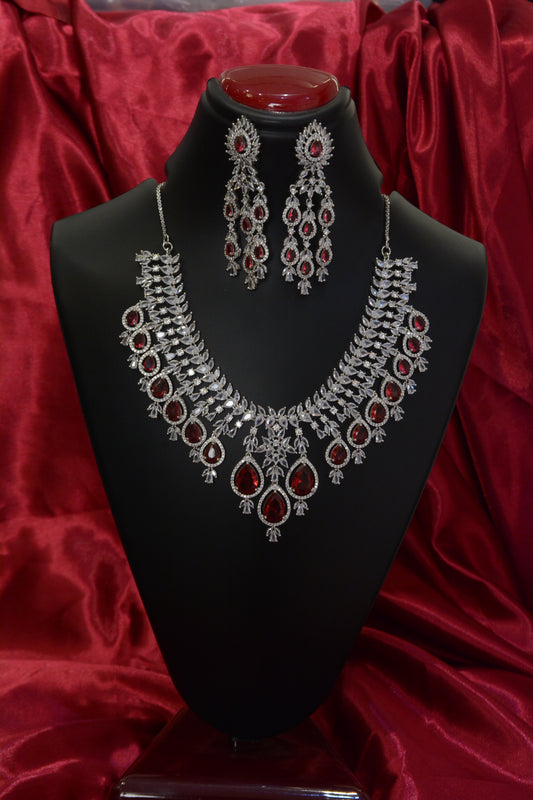 Ruby & AD Silver Plated Necklace Set – Elegant American Diamond Jewelry for Women