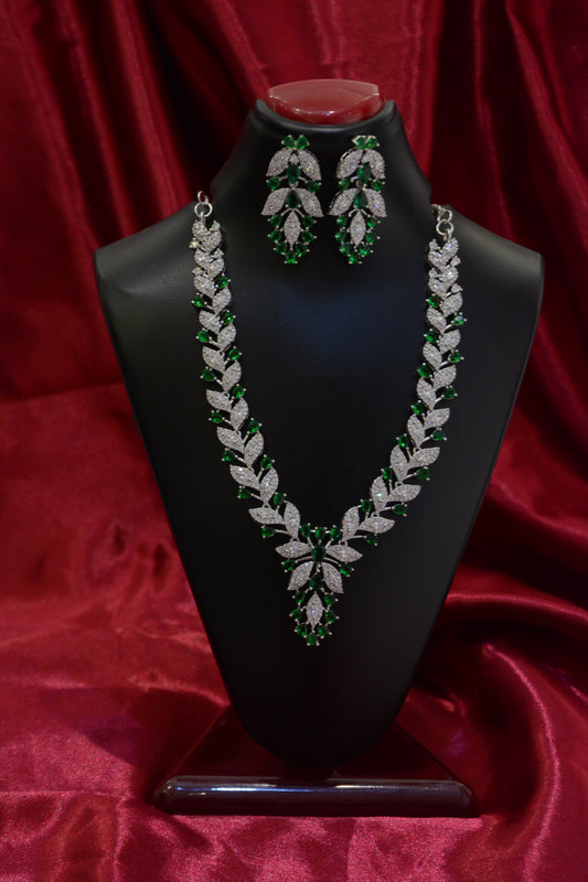 Leaf Design Emerald & AD Necklace Set – Elegant Gold Plated Jewelry for Women