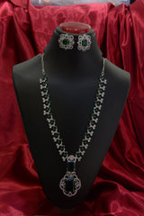 Long Nita Ambani Silver Plated Necklace Set – Regal Statement Jewelry for Women