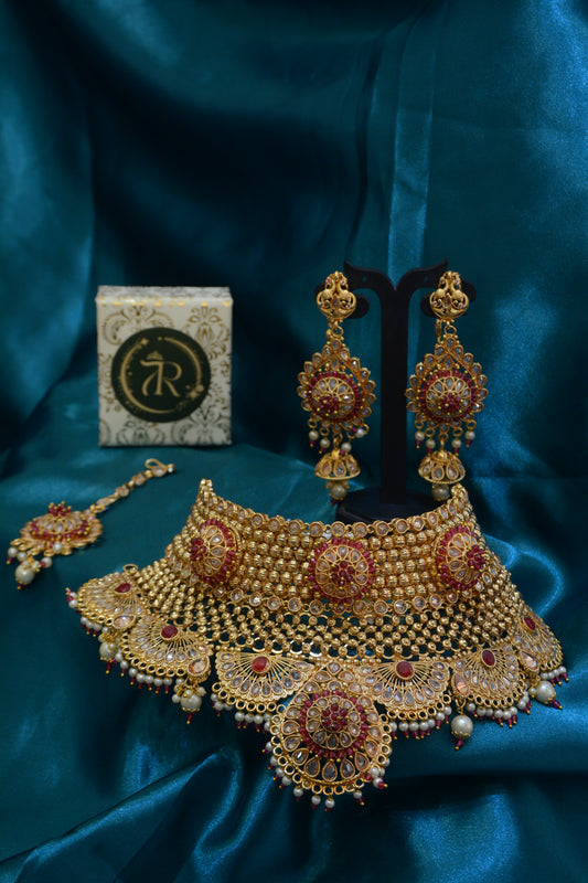 Ruby & Gold Plated Heavy Bridal Choker Set – Traditional Wedding Jewelry