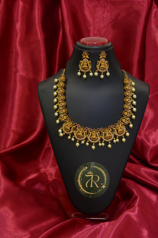 Lakshmi Ji Mehendi Polish Necklace Set – Antique Temple Jewelry for Women