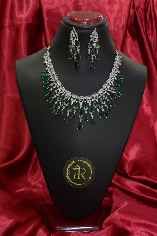 Emerald & AD Heavy Necklace Set – Luxurious Bridal American Diamond Jewelry