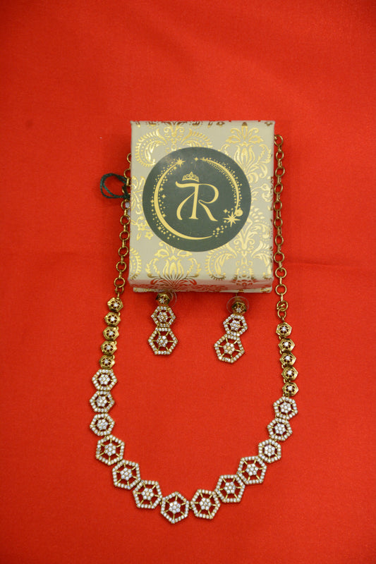 Hexagon AD Mehendi Polish Necklace Set – Antique Gold Finish Jewelry for Women