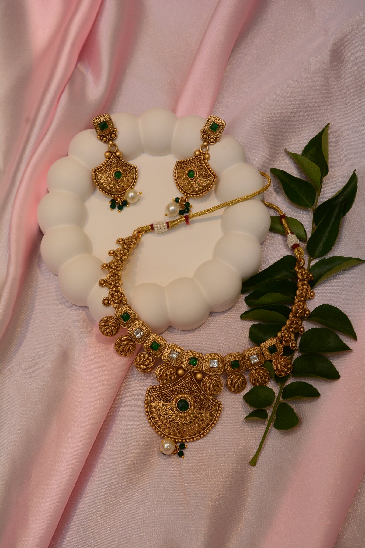 Emerald Glow Antique Gold Plated Temple Necklace Set