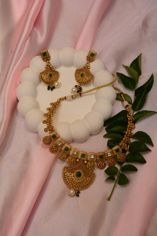 Emerald Glow Antique Gold Plated Temple Necklace Set