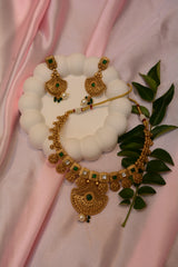 Emerald Glow Antique Gold Plated Temple Necklace Set