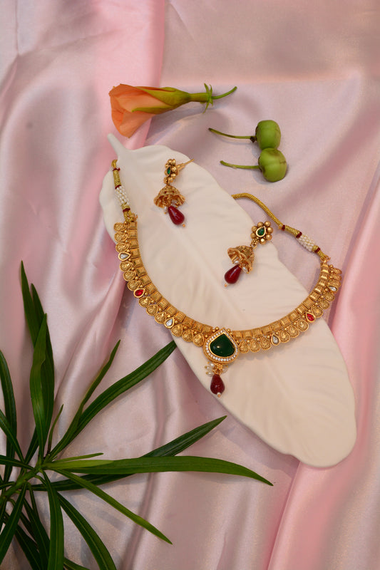Gold Plated Emerald Stone Necklace Set – Elegant Traditional Jewelry for Women