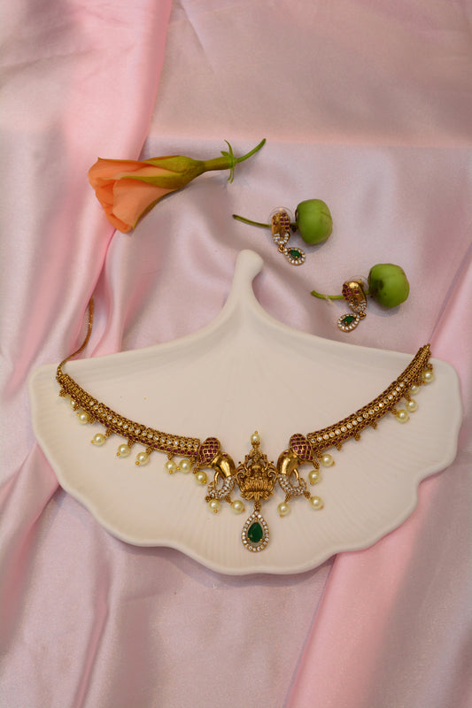 Emerald Tear Drop Lakshmi Ji Mehendi Polish Necklace Set – Antique Temple Jewelry