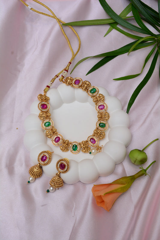 Multicolor Temple Gold Plated Necklace Set – Traditional Indian Jewelry