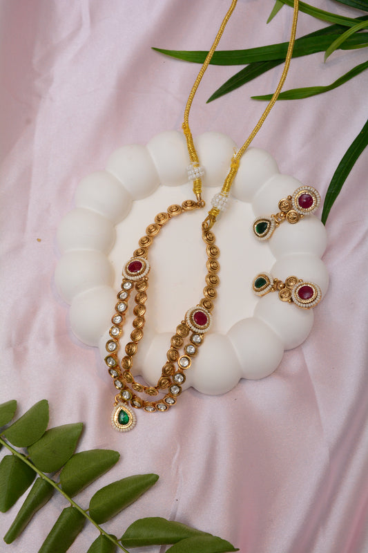 Dual Lined Gold Plated Necklace Set – Elegant Traditional Jewelry for Women