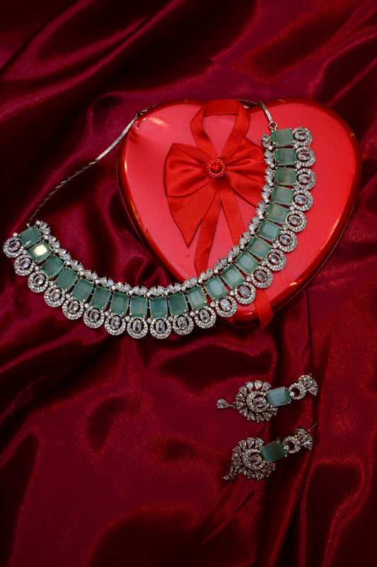 Square Teal Silver Plated Necklace Set