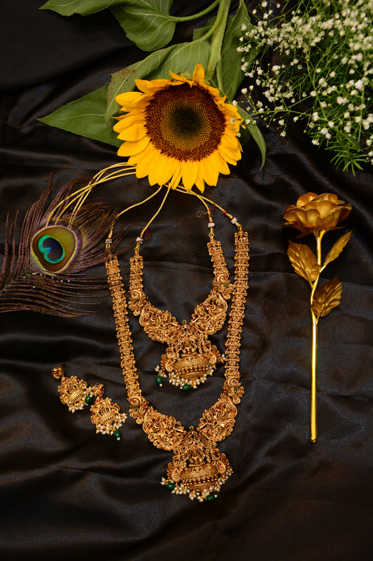 Emerald Gold Plated Temple Double Layered Necklace Set