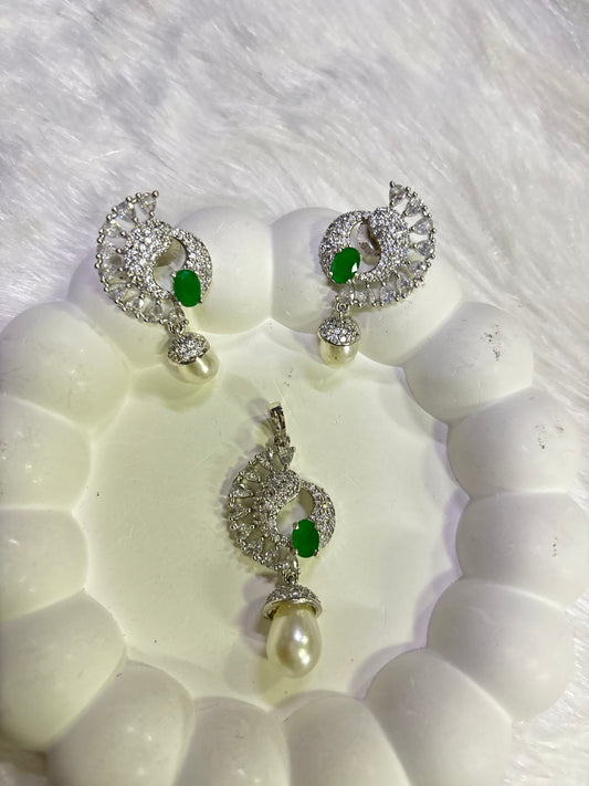 Elegant Pearl Drop CZ Stone Pendant Set – Multi-Color Variants